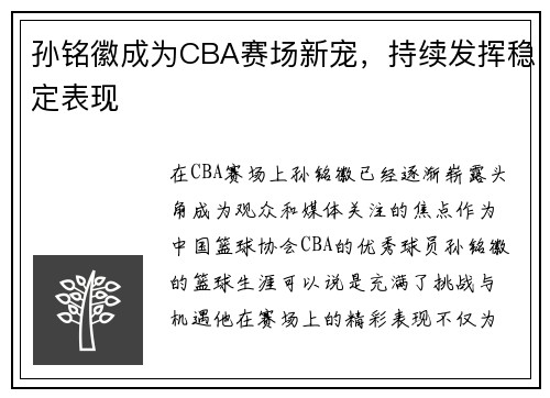 孙铭徽成为CBA赛场新宠，持续发挥稳定表现