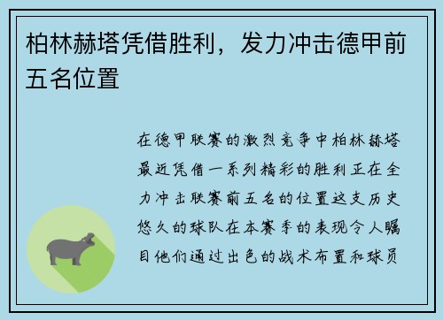 柏林赫塔凭借胜利，发力冲击德甲前五名位置