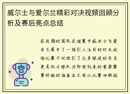 威尔士与爱尔兰精彩对决视频回顾分析及赛后亮点总结